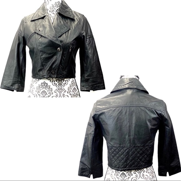 BB DAKOTA- Genuine Leather - Cropped 3/4 sleeve Moto jacket - Picture 1 of 10